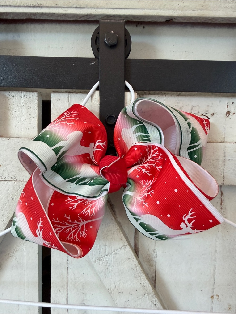 Kids Holiday Red & Green Reindeer Hair Bow